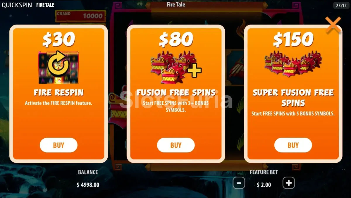 Menú de compra de bonos en Fire Tale con todas las opciones disponibles