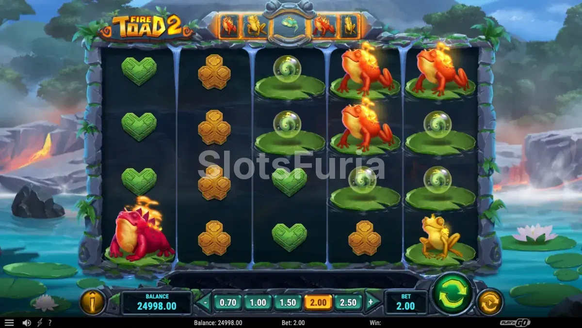 Pantalla principal del juego Fire Toad 2 con nenúfares y lava