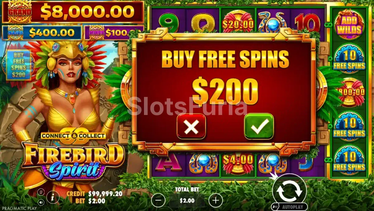 Pantalla de compra de bonus en Firebird Spirit por 100x la apuesta