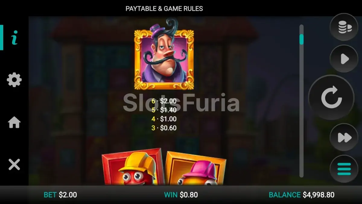 Tabla de pagos de Firewins Factory mostrando símbolos y multiplicadores