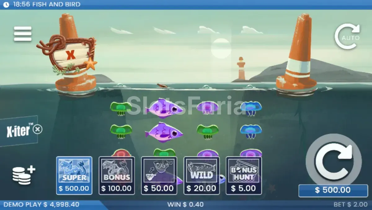 Menú de compra de bonos X-iter en Fish and Bird de ELK Studios
