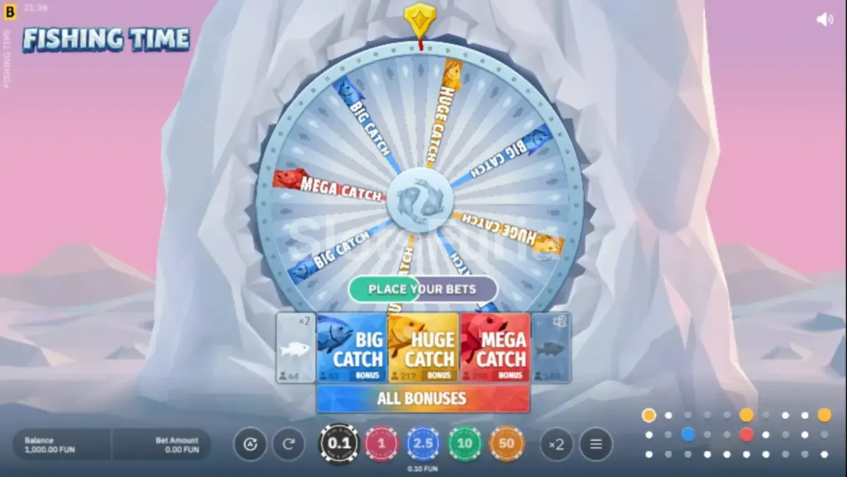 Pantalla principal de Fishing Time con la rueda de sectores