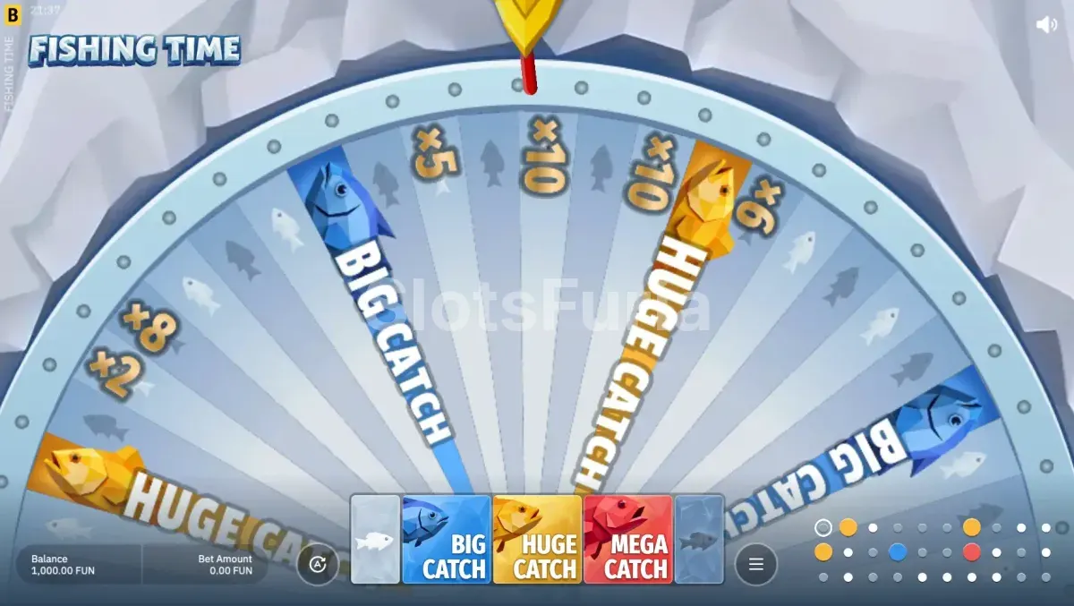 Vista completa de la rueda de Fishing Time con sectores de bonus visibles