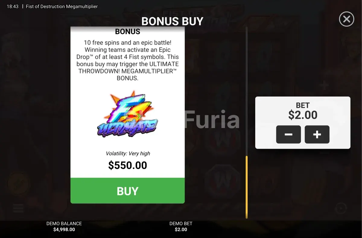 Pantalla de compra de bonus en Fist of Destruction Megamultiplier