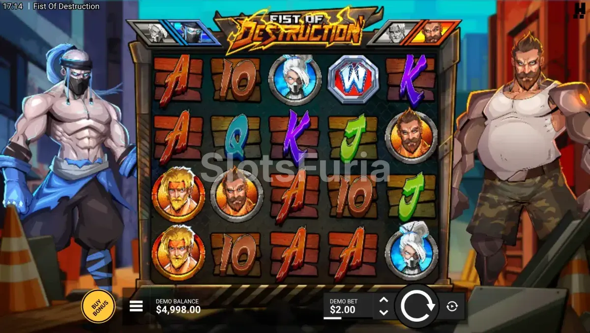 Pantalla principal de Fist of Destruction con los 5 rodillos en acción