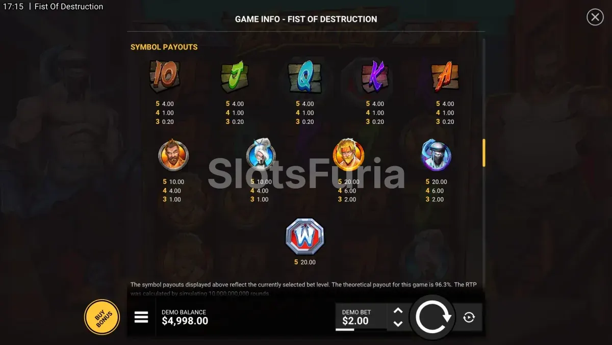 Tabla de pagos de Fist of Destruction con todos los símbolos y multiplicadores