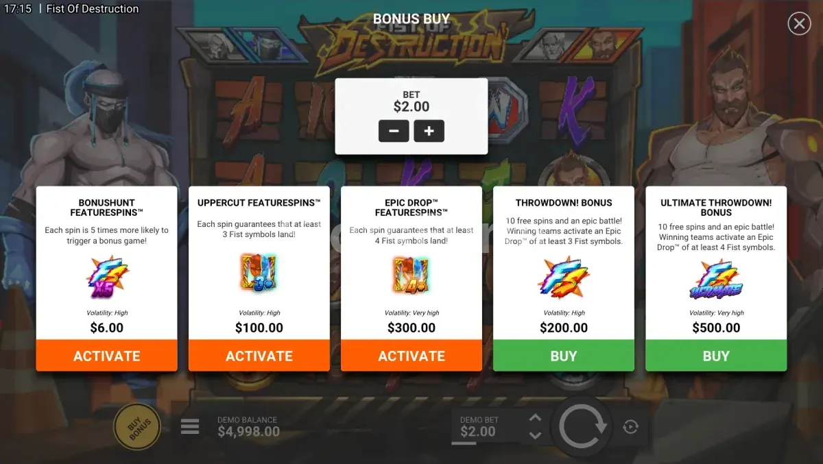 Pantalla de compra de bonus en Fist of Destruction de Hacksaw Gaming