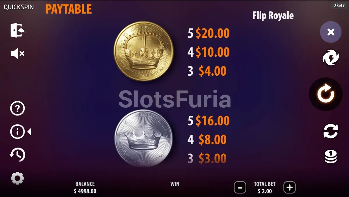 Tabla de pagos de Flip Royale con todos los símbolos y premios