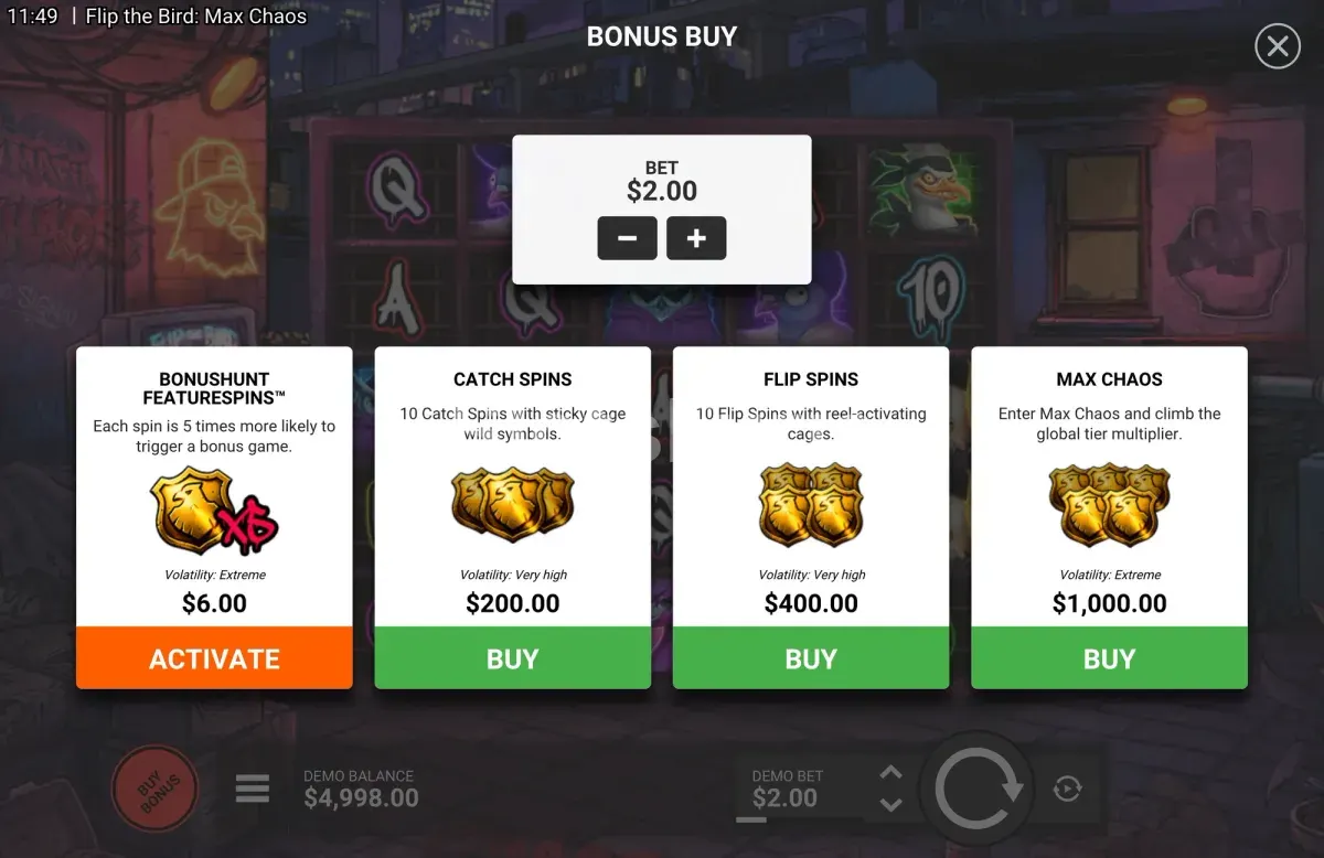Menú de compra de bono en Flip the Bird Max Chaos