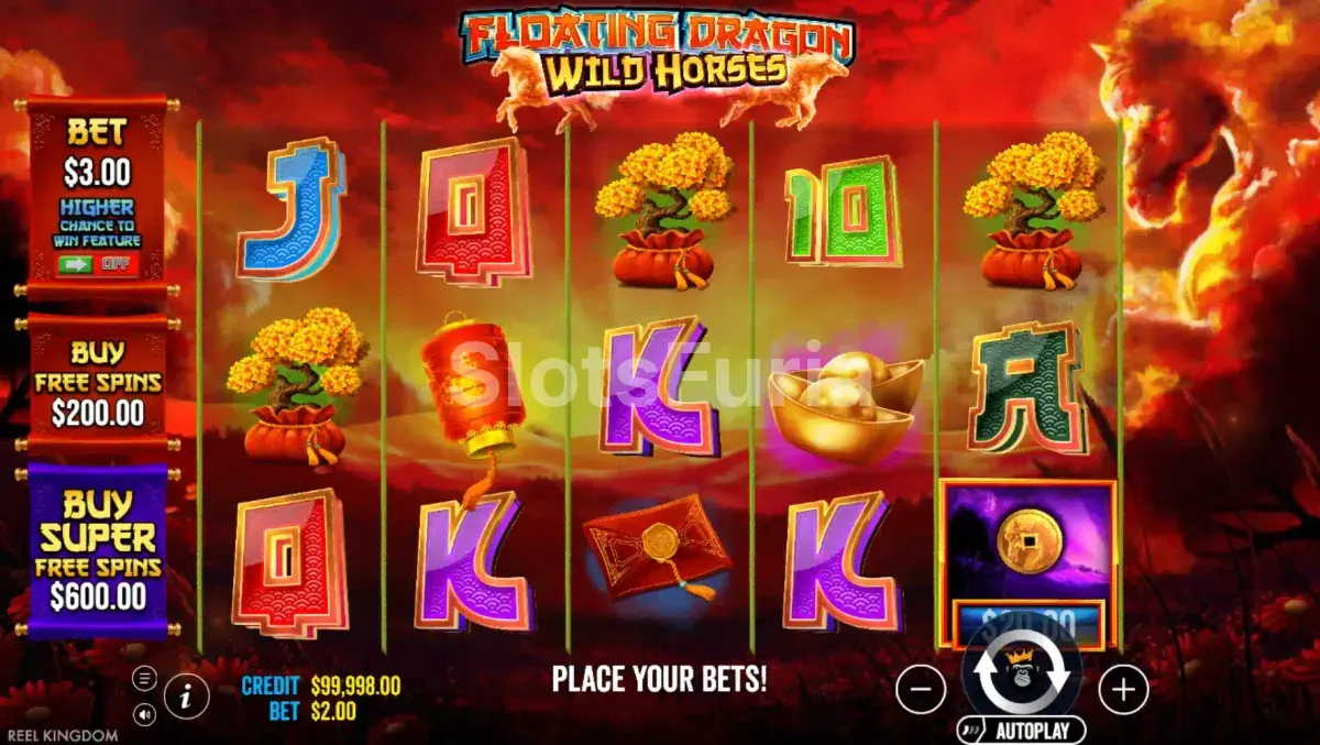Pantalla principal de Floating Dragon Wild Horses con el tablero de juego transparente