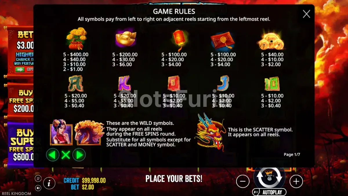 Tabla de pagos de Floating Dragon Wild Horses con los símbolos premium y royals