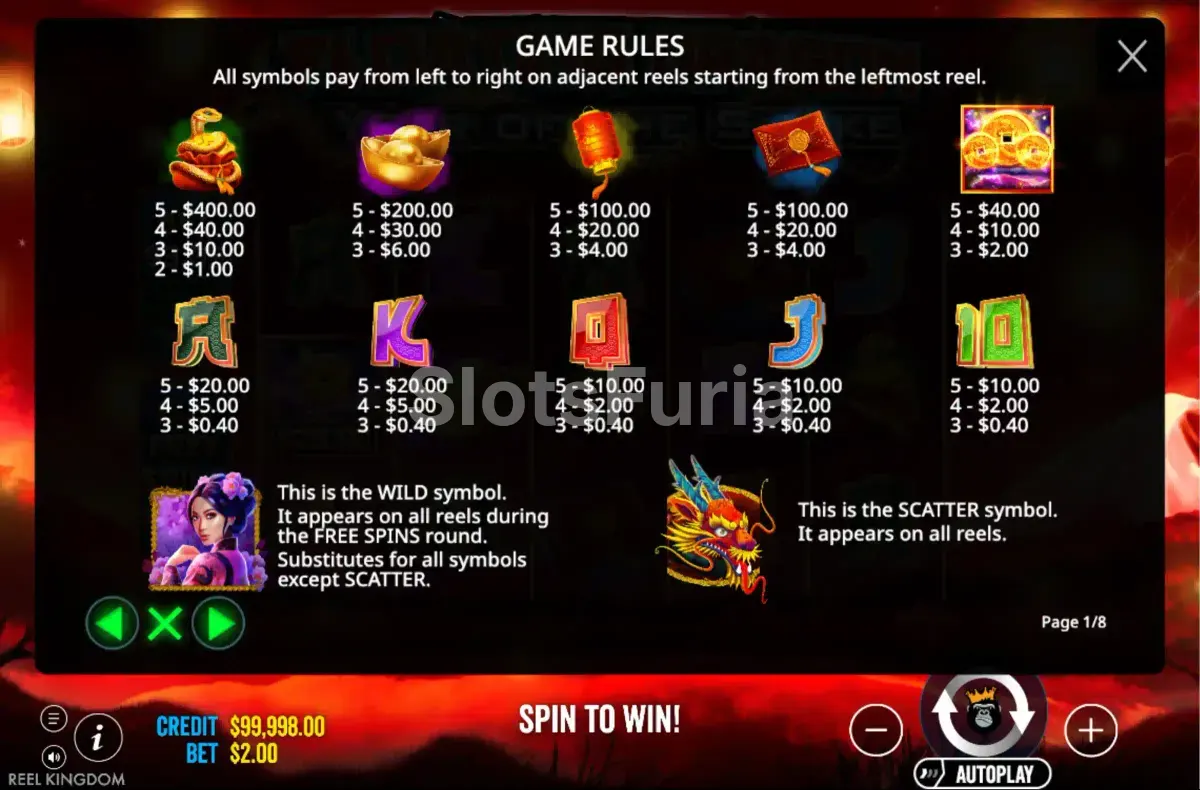 Tabla de pagos de Floating Dragon Year of the Snake con símbolos y valores