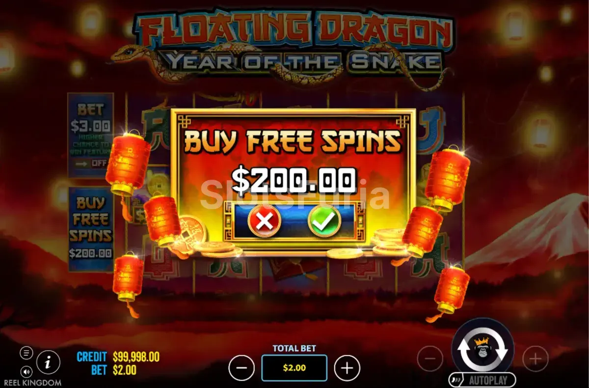 Pantalla de compra de bonos en Floating Dragon Year of the Snake