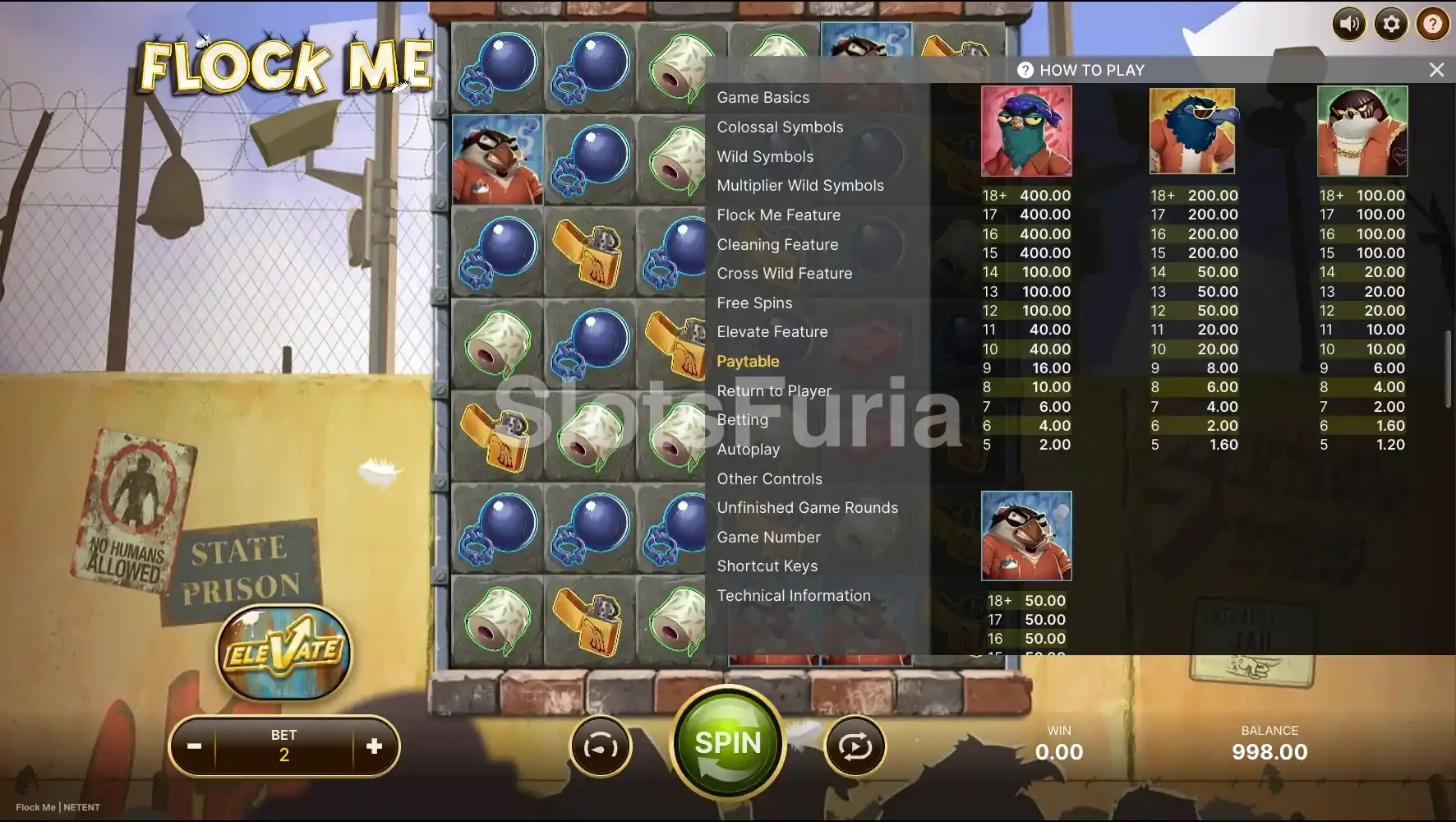 Tabla de pagos de Flock Me con símbolos y multiplicadores