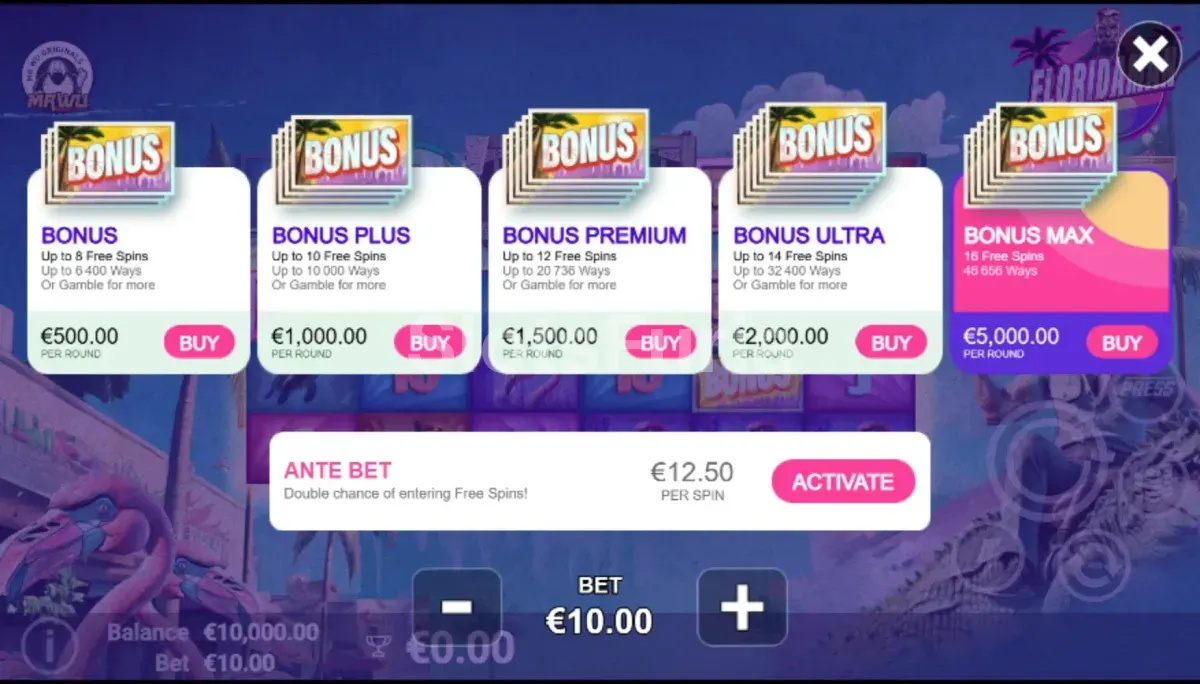 Pantalla de compra de bonus en Floridaman con las opciones disponibles