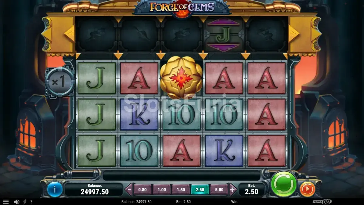 Pantalla principal del juego Forge of Gems con la fragua encendida