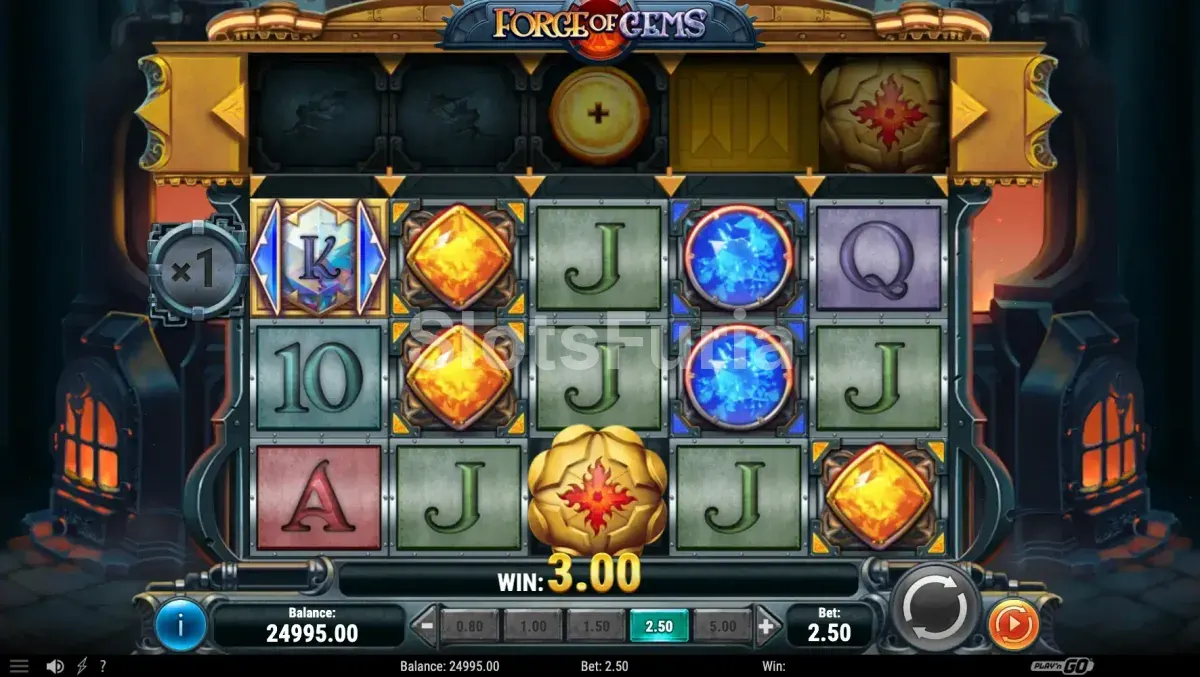 Segunda vista del tablero de Forge of Gems durante una secuencia de cascadas