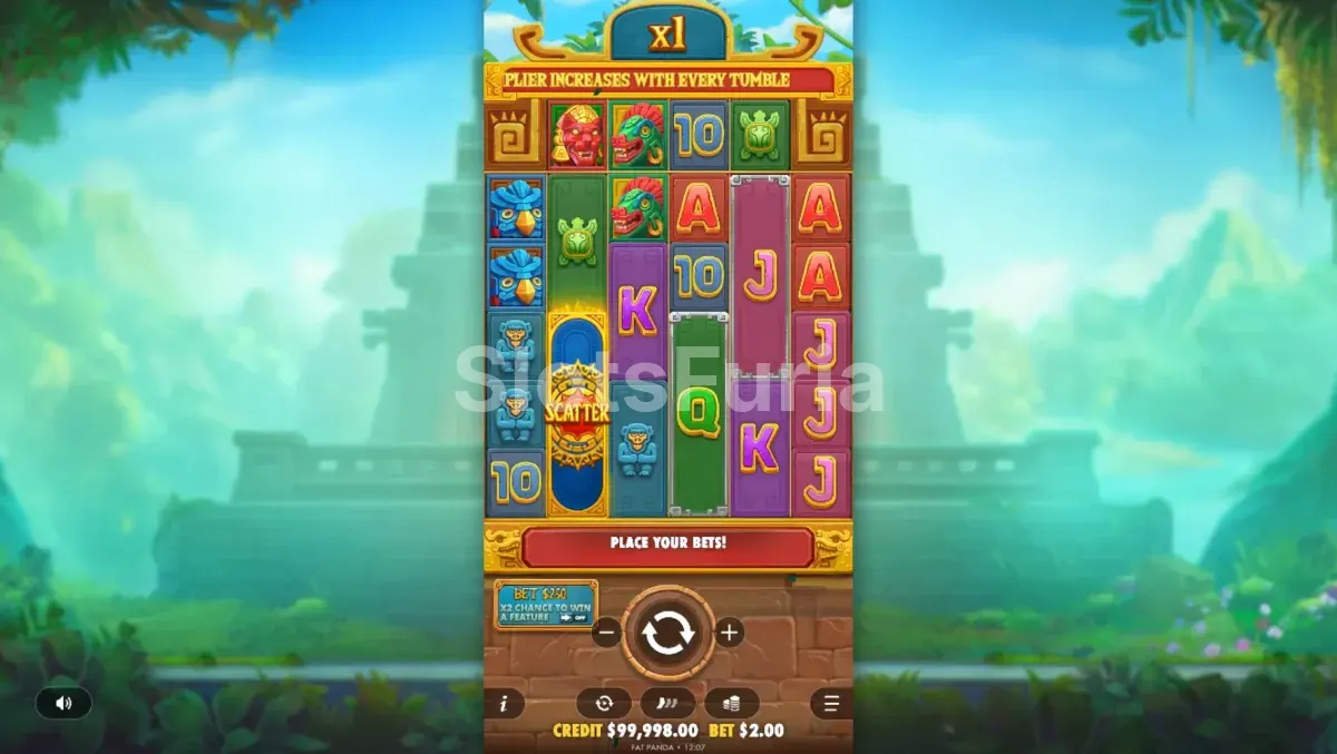 Pantalla principal de Fortune of Aztec con los cinco rodillos activos