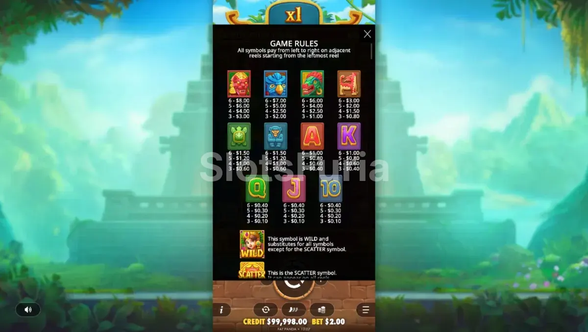 Tabla de pagos de Fortune of Aztec con todos los símbolos y valores