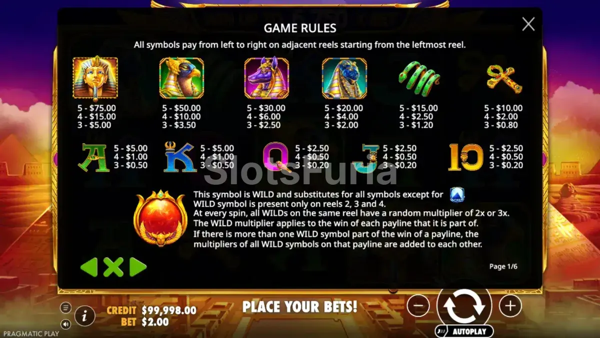 Tabla de pagos de Fortune of Giza con todos los símbolos y valores