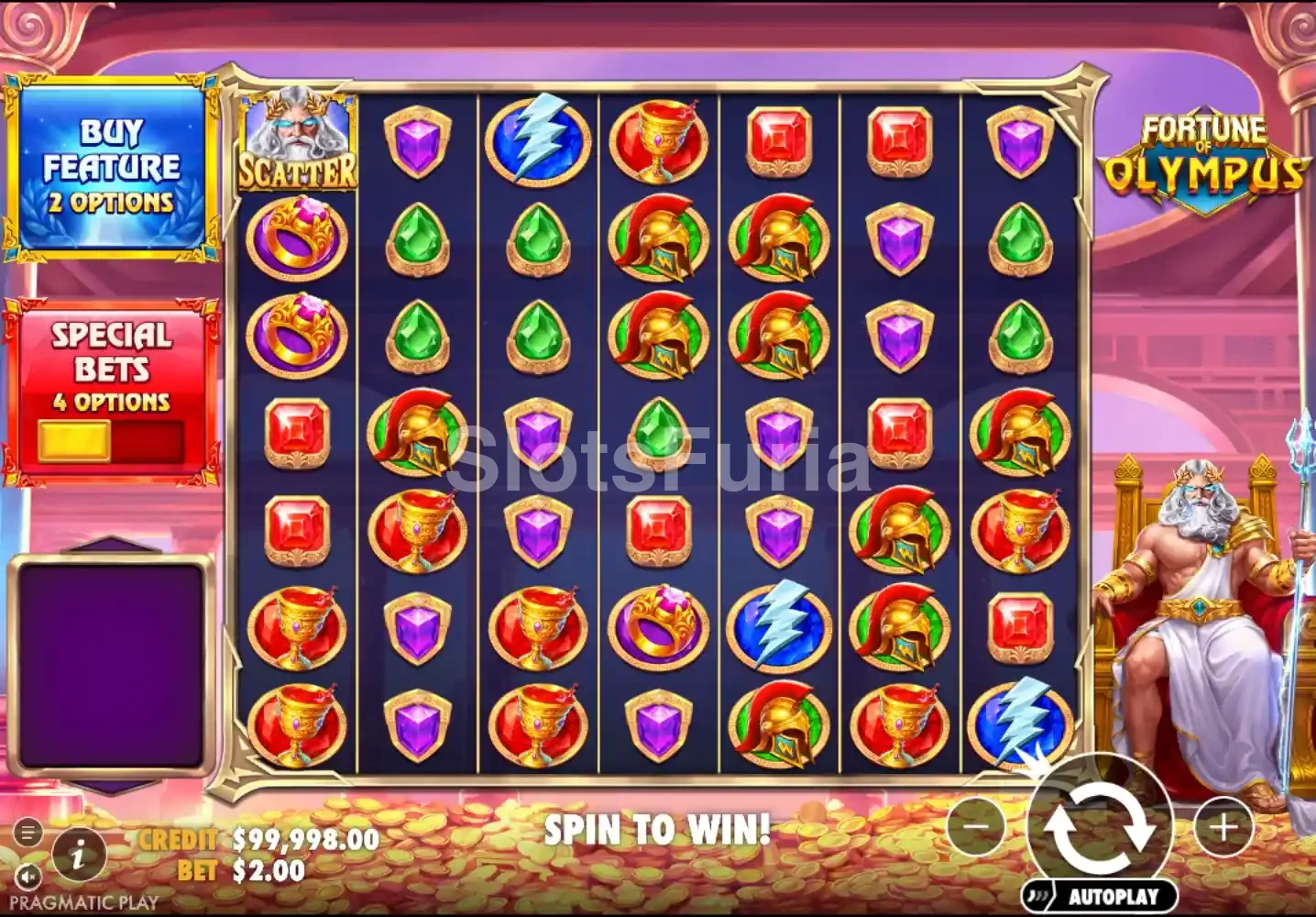 Juego base de Fortune of Olympus con cuadrícula 7x7 y símbolos olímpicos