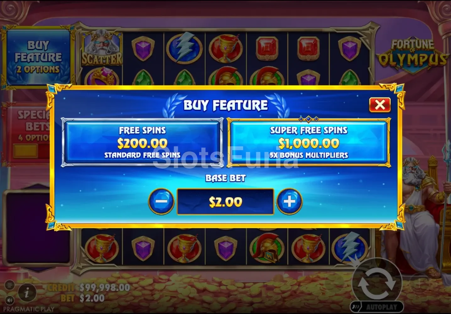 Pantalla de compra de bonificación en Fortune of Olympus de Pragmatic Play