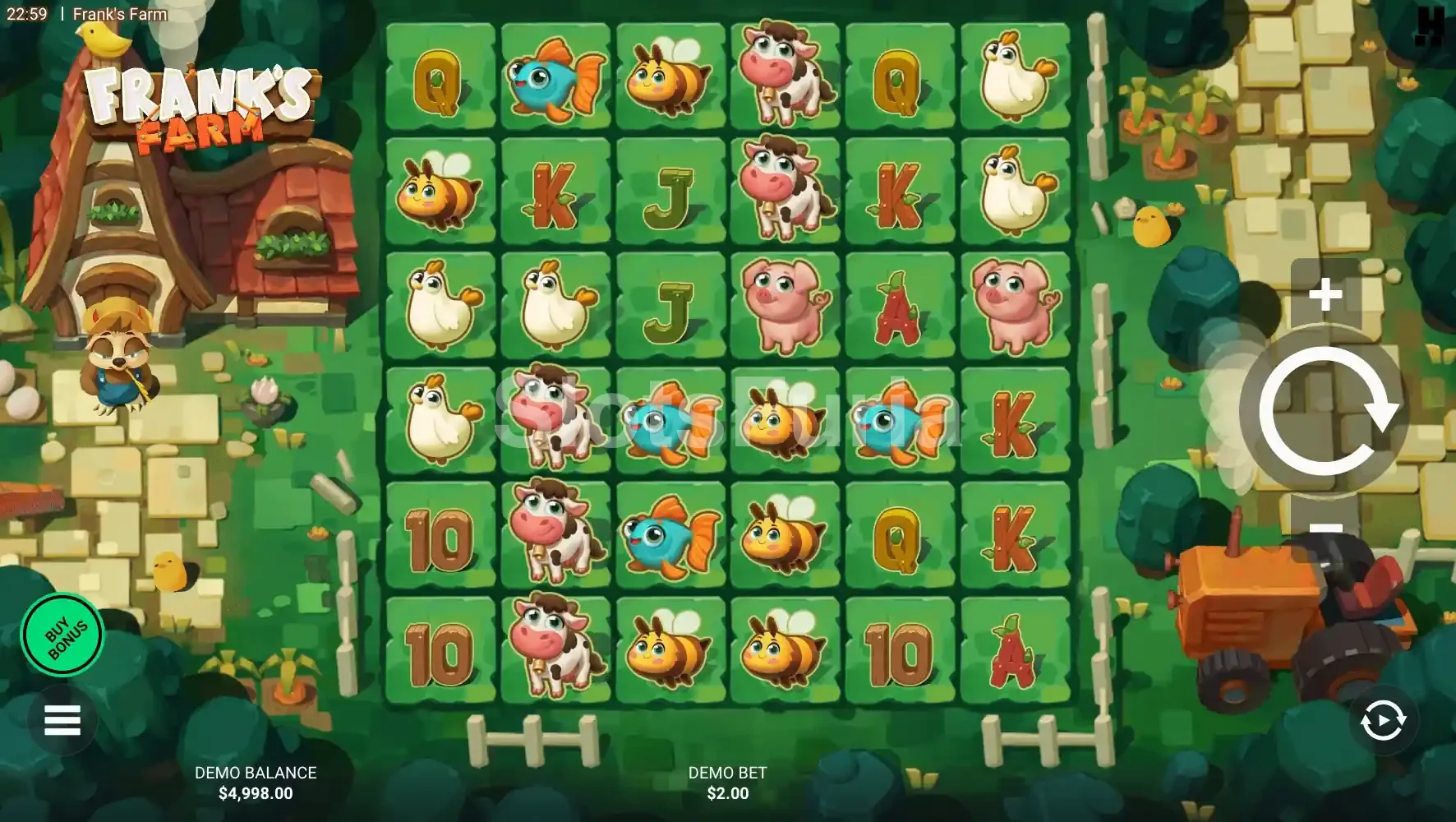 Vista del juego base de Frank's Farm con su cuadrícula 6x6 llena de animales
