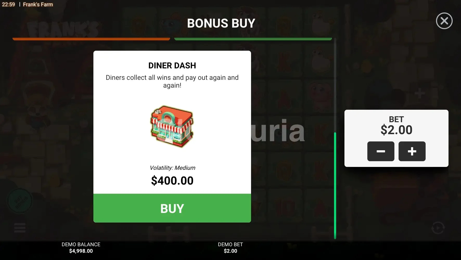 Menú de compra de bonos en Frank's Farm con las tres opciones disponibles