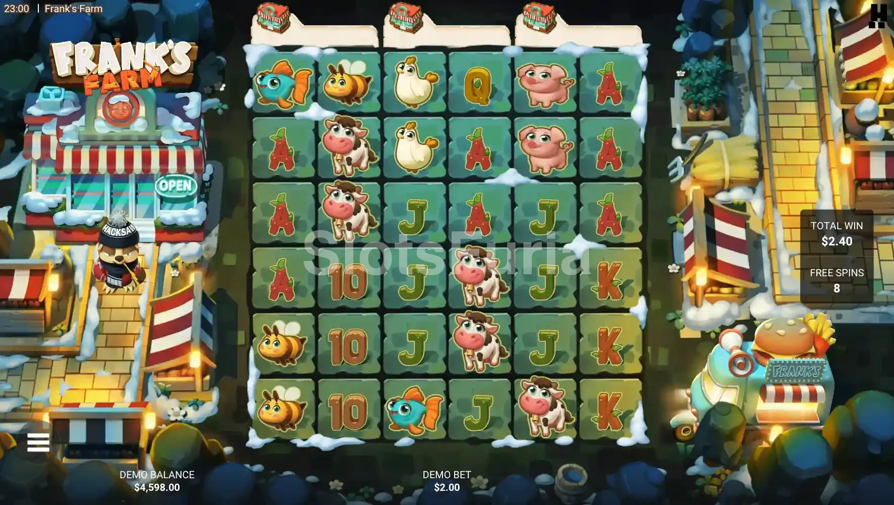 Modo de giros gratis de Frank's Farm con el sistema Order Rush activo