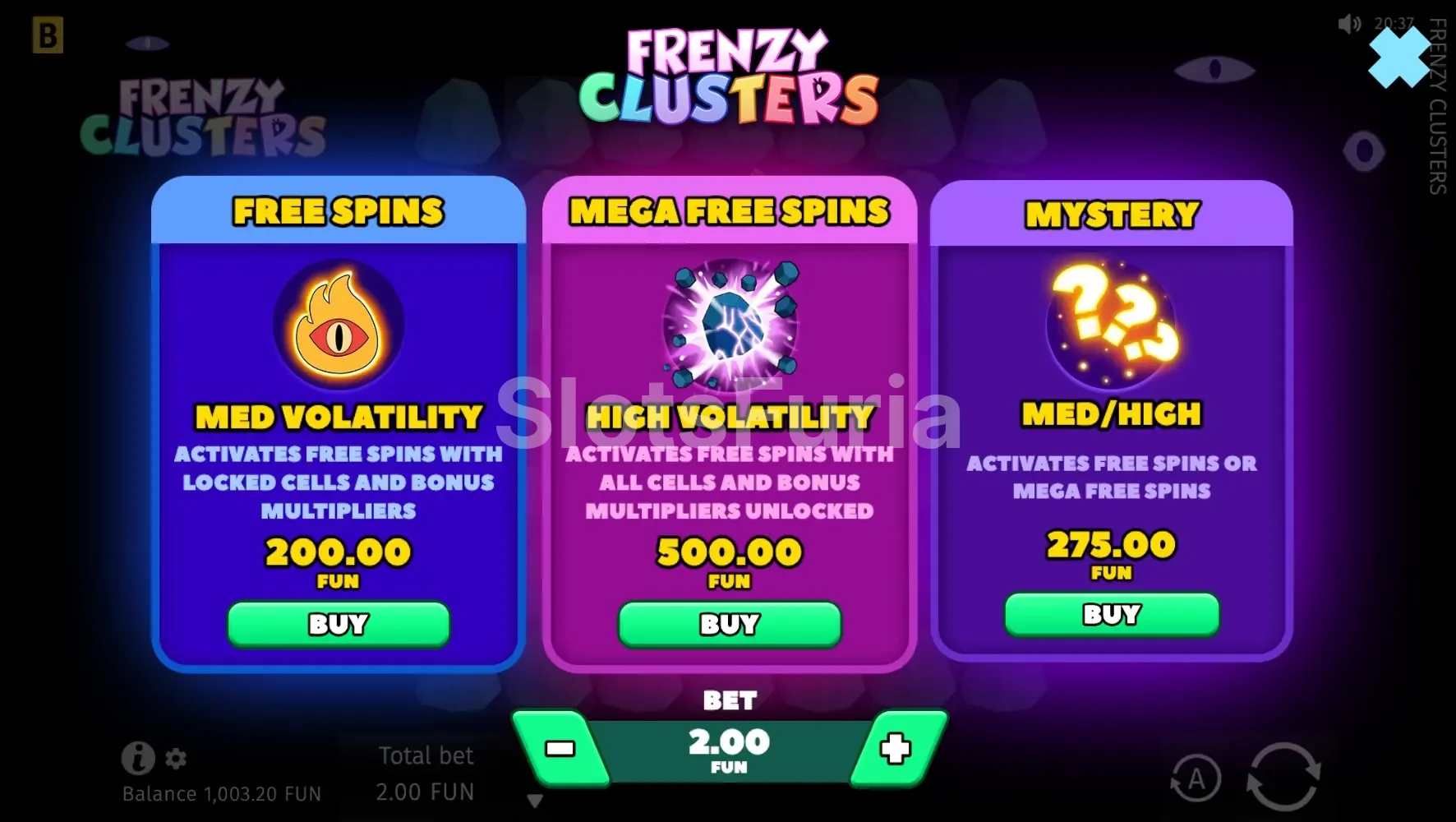 Menú de compra de bonos en Frenzy Clusters de BGaming