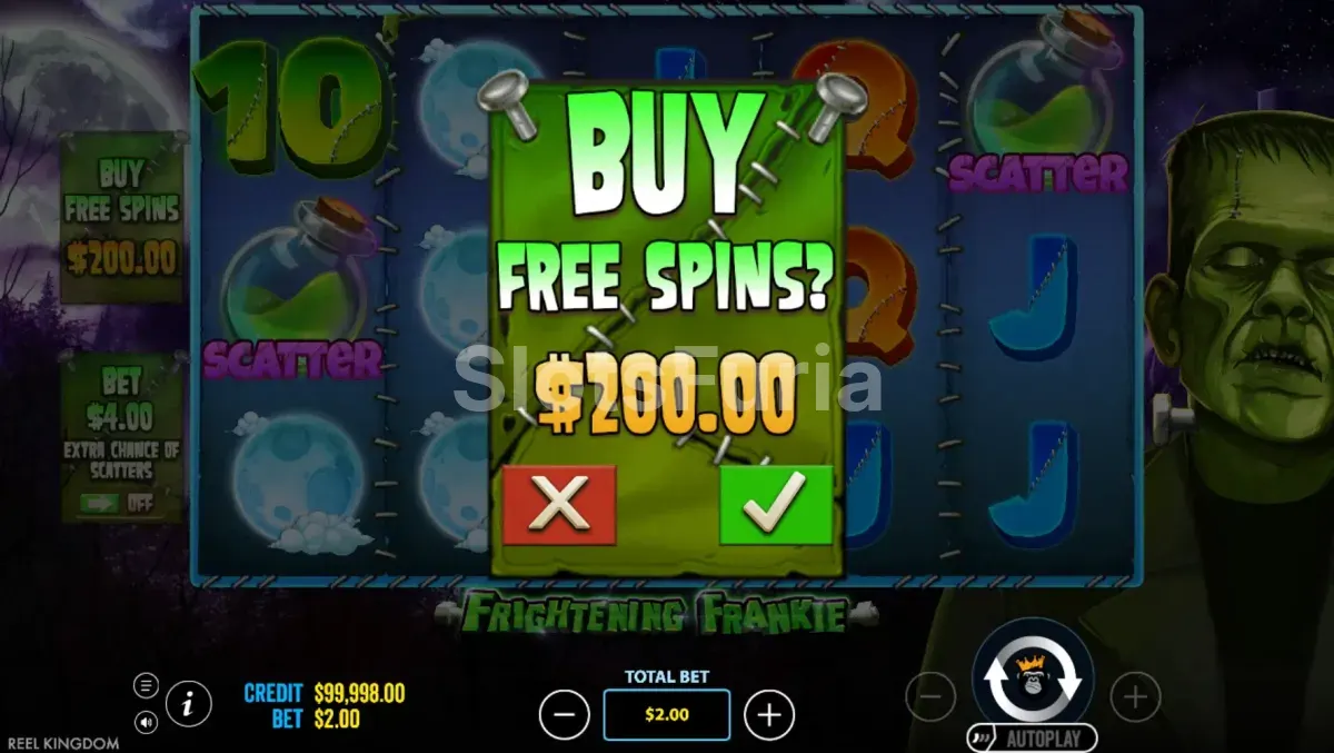 Pantalla de compra de bonus en Frightening Frankie