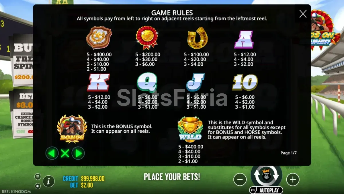 Tabla de pagos completa de Front Runner Odds On con todos los símbolos