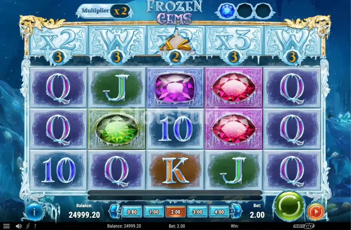 Segunda vista del juego base de Frozen Gems con gemas alineadas en los rodillos