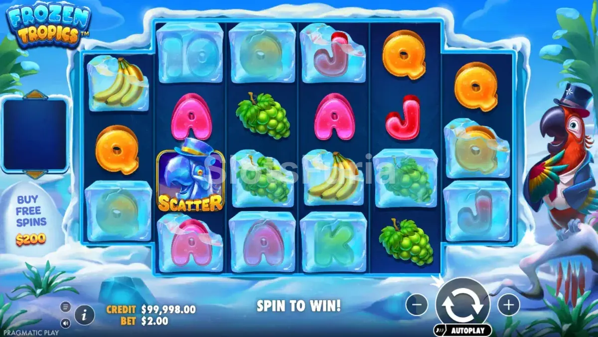 Pantalla principal de Frozen Tropics con la rejilla de 6 rodillos