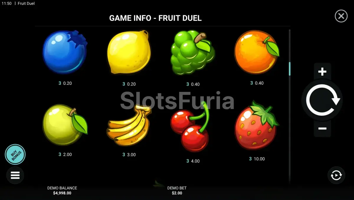 Tabla de pagos de la tragamonedas Fruit Duel de Hacksaw Gaming
