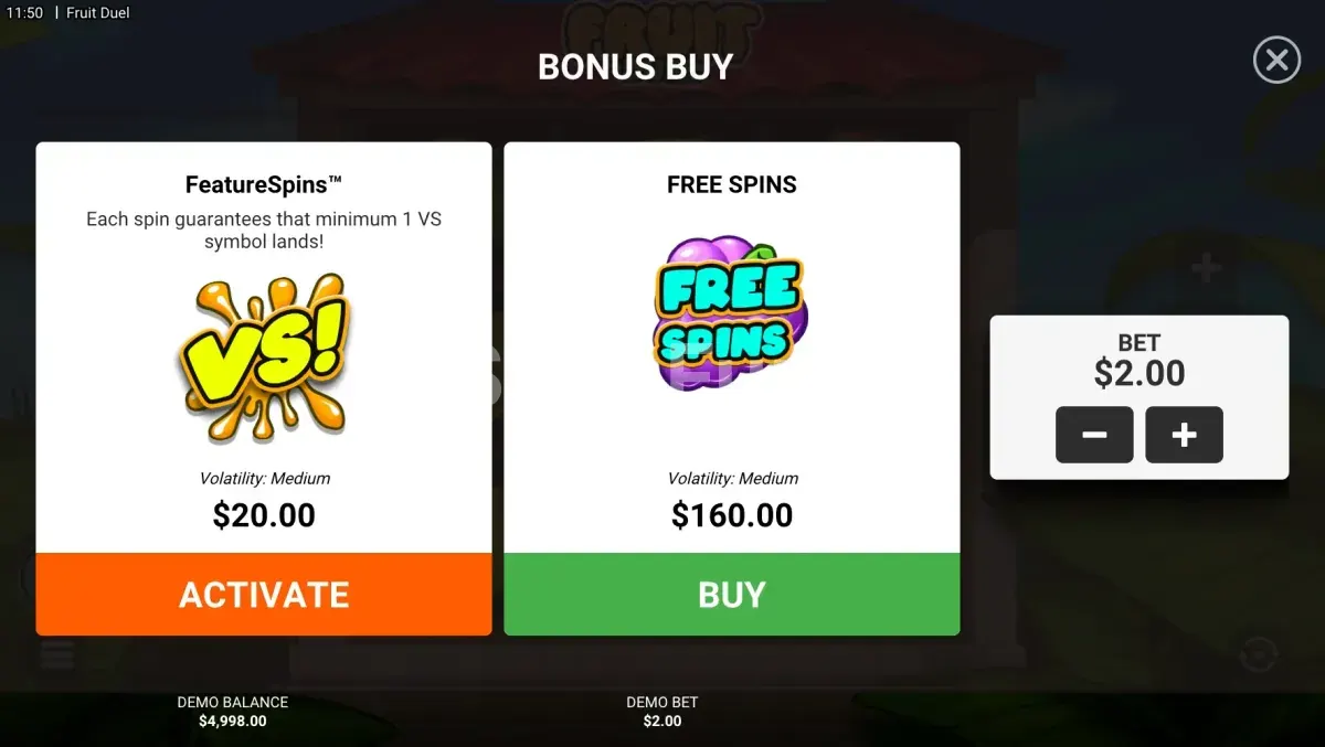 Menú de compra de bonus en Fruit Duel de Hacksaw Gaming