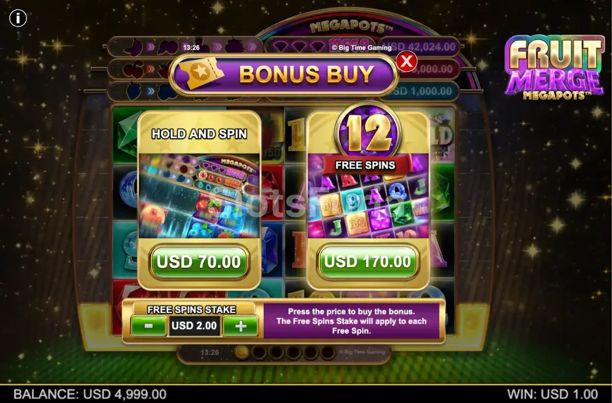 Pantalla de compra de bonos de Fruit Merge Megapots con dos opciones disponibles