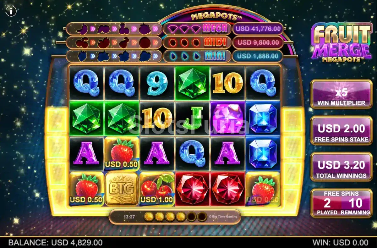 Ronda de giros gratis de Fruit Merge Megapots con multiplicador progresivo activo