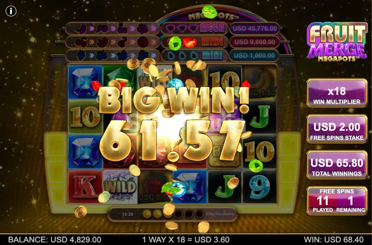Gran victoria en Fruit Merge Megapots con todos los premios acumulados en pantalla