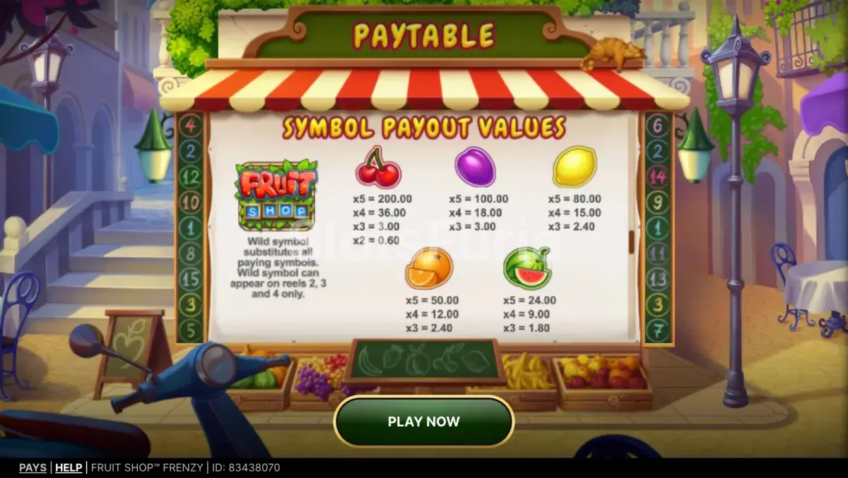 Tabla de pagos de Fruit Shop Frenzy con todos los símbolos y multiplicadores