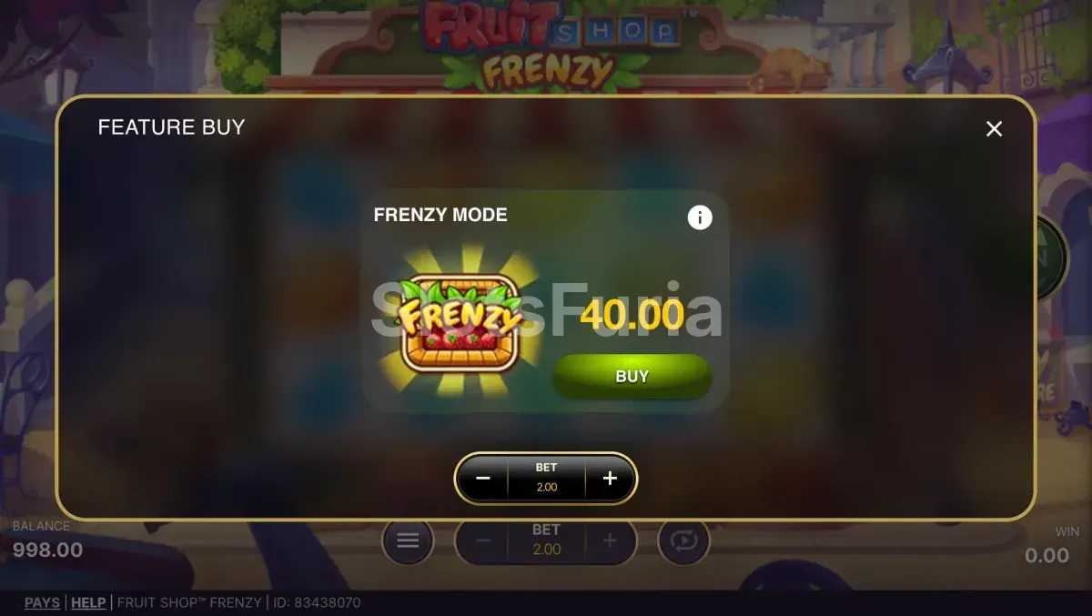 Pantalla de compra de bonus en Fruit Shop Frenzy de NetEnt