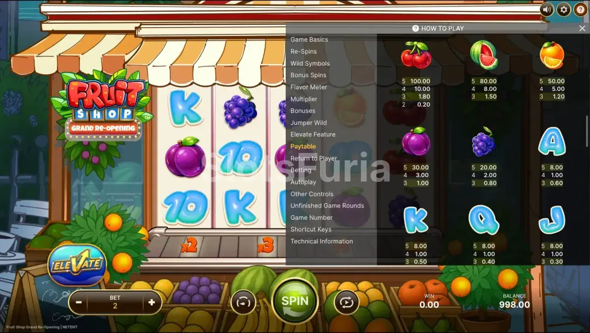 Tabla de pagos de Fruit Shop Grand Re-Opening con símbolos y multiplicadores