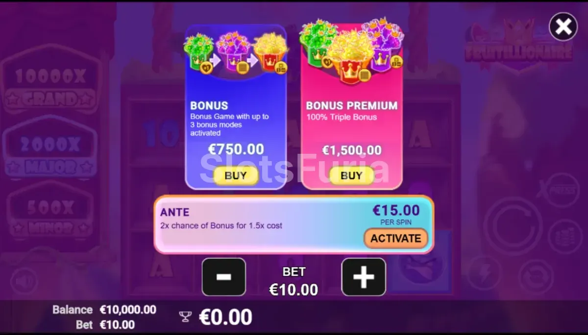 Pantalla de compra de bonus en Fruitillionaire
