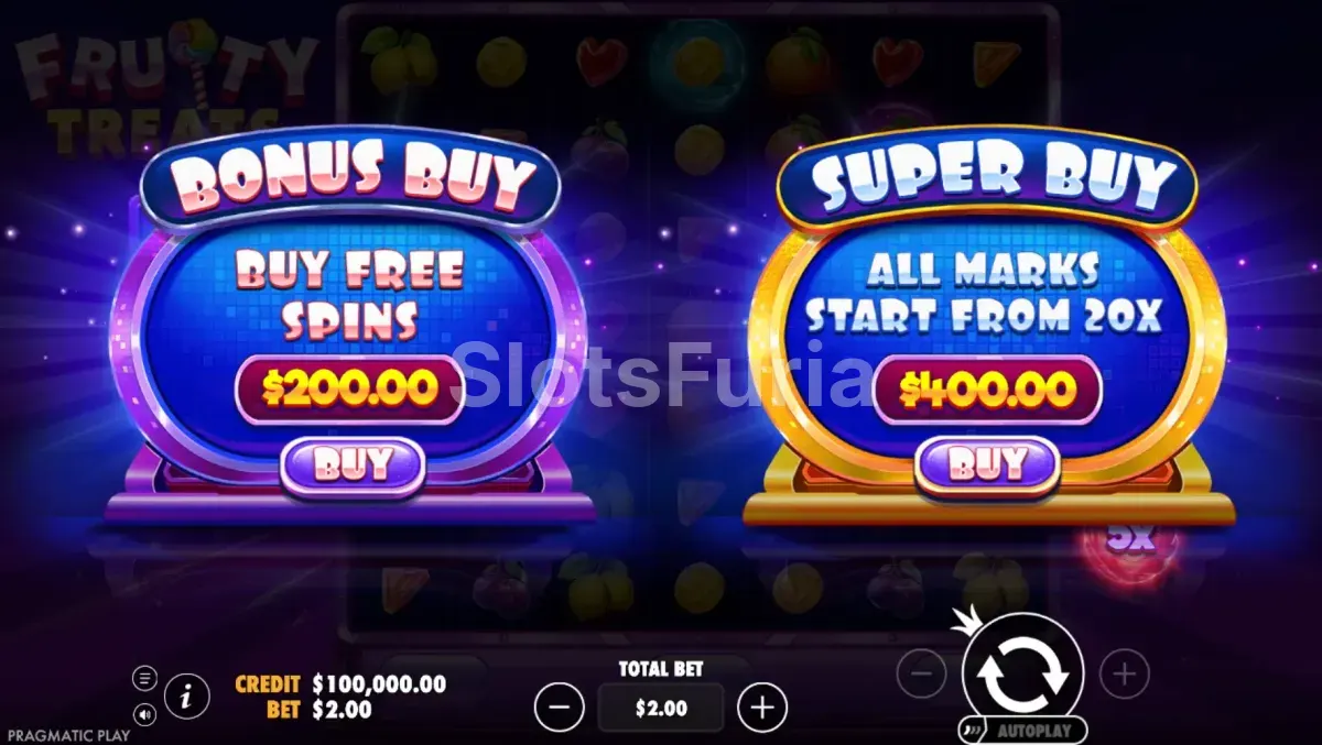 Función de compra de bonus en Fruity Treats de Pragmatic Play
