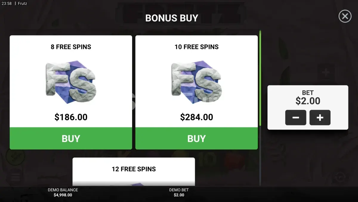 Pantalla de compra de bonus en Frutz con las opciones disponibles para el jugador