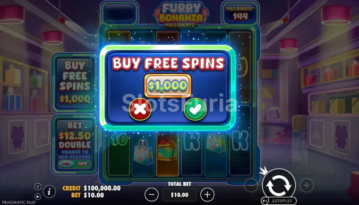 Pantalla de compra de bonus en Furry Bonanza Megaways