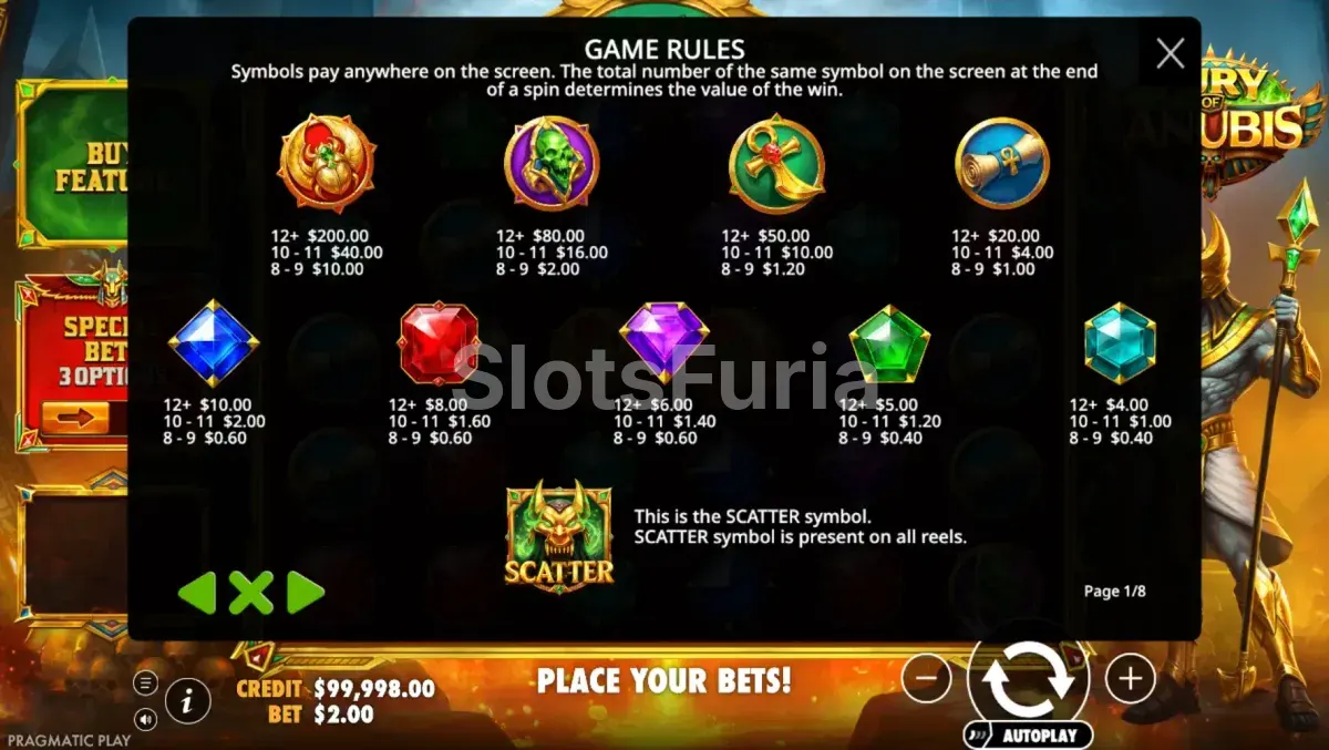 Tabla de pagos de Fury of Anubis con gemas y símbolos altos