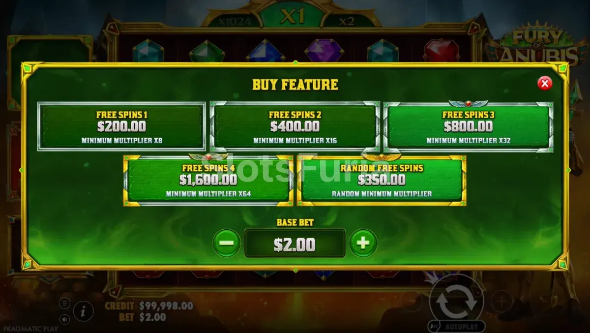 Menú de compra de bono de Fury of Anubis