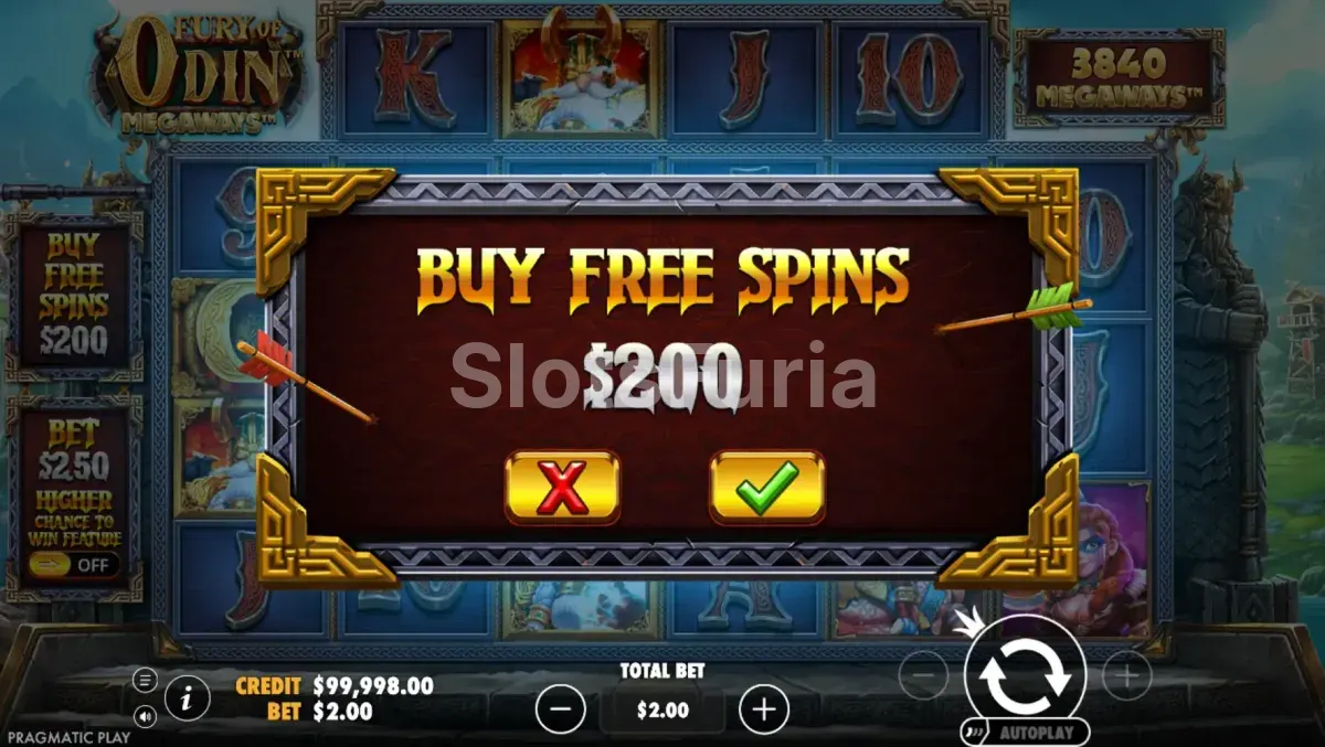 Pantalla de compra de bonus en Fury of Odin Megaways con todas las opciones disponibles