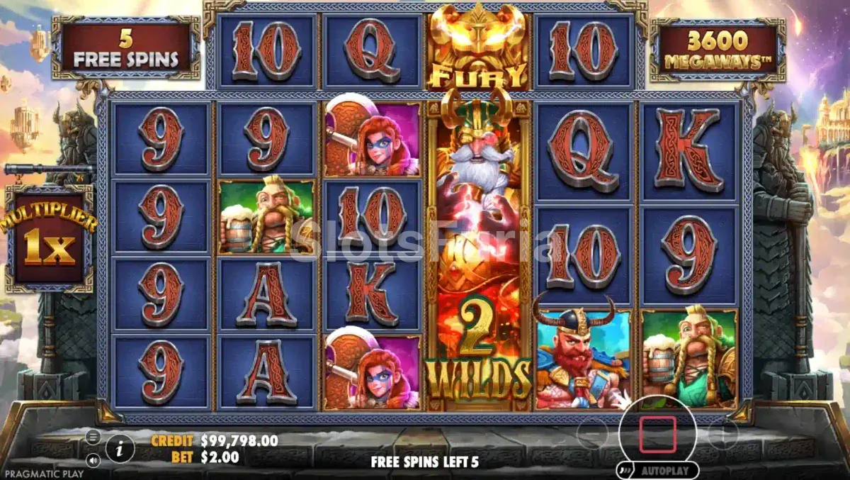 Ronda de giros gratuitos de Fury of Odin Megaways en pleno desarrollo